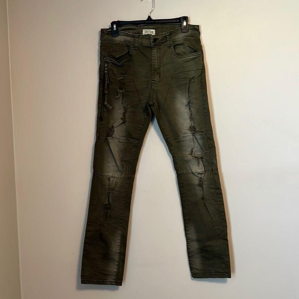 Smoke‎ Rise Mens Distressed Moto Biker Jeans Olive Green 32x30 Grunge Streetwear